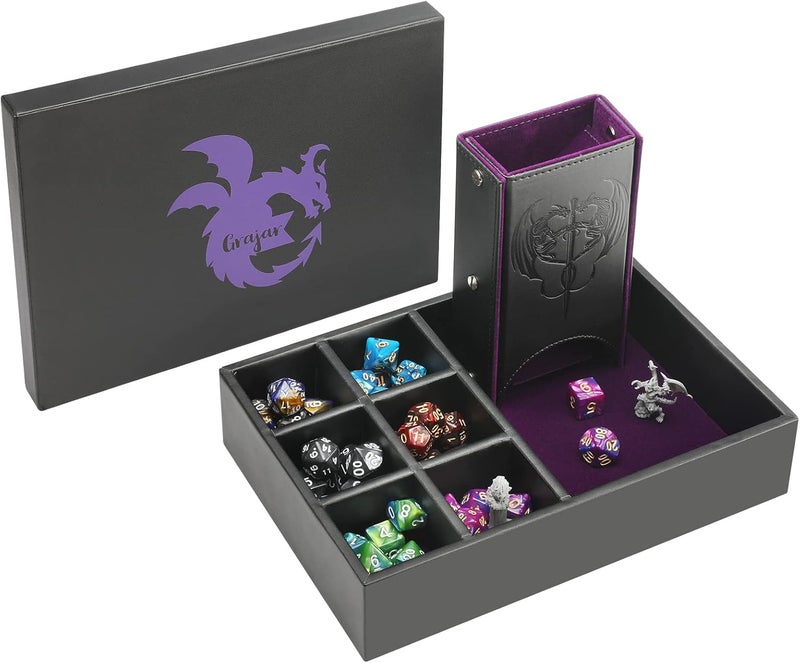 Grajar DND Dice Tray and Dice Tower with Storage, 3 in 1 Dice Rolling Tray with Lid, Portable Dice Box Storage, DND dice Holder for Dungeons and Dragons D&D RPG MTG Table Games - Purple - Image 1